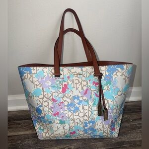 Calvin Klein Cream Floral Monogram Tote Bag With Brown Accents